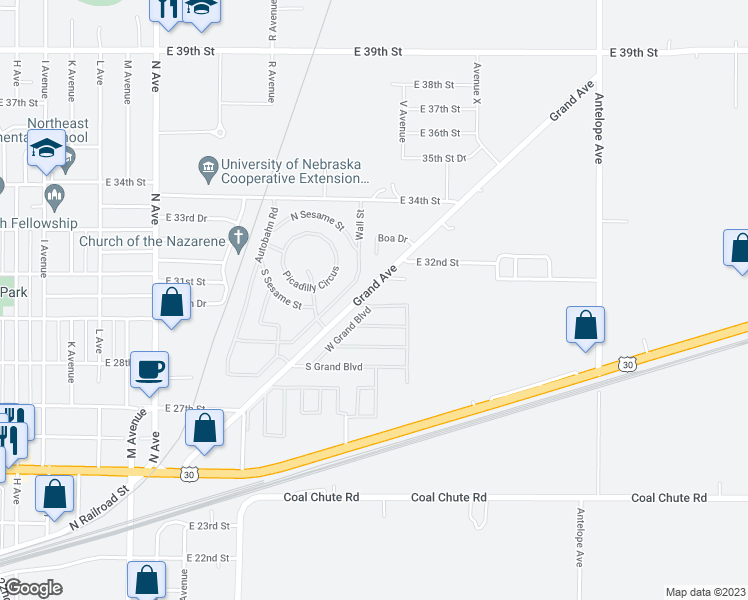 map of restaurants, bars, coffee shops, grocery stores, and more near 3107 Grand Avenue in Kearney