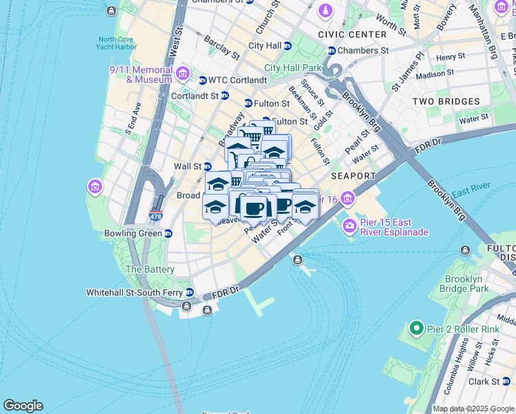 map of restaurants, bars, coffee shops, grocery stores, and more near 63 Wall Street in New York