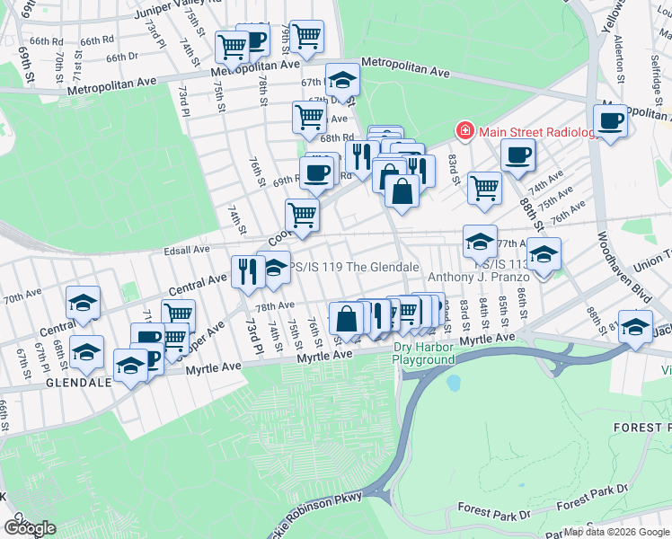 map of restaurants, bars, coffee shops, grocery stores, and more near 77-42 79th Street in Queens