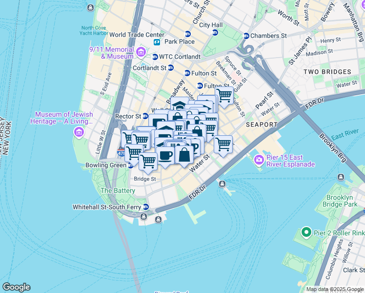 map of restaurants, bars, coffee shops, grocery stores, and more near 25 Exchange Place in New York