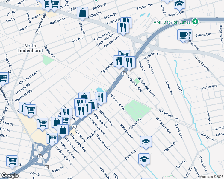 map of restaurants, bars, coffee shops, grocery stores, and more near 229 Sunrise Highway in Lindenhurst