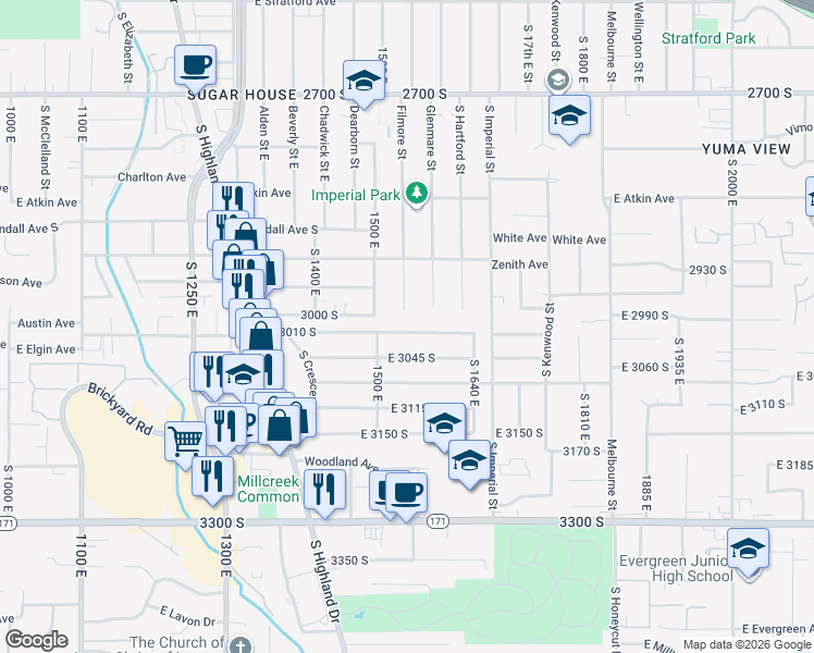 map of restaurants, bars, coffee shops, grocery stores, and more near 1535 East 3010 South in Salt Lake City