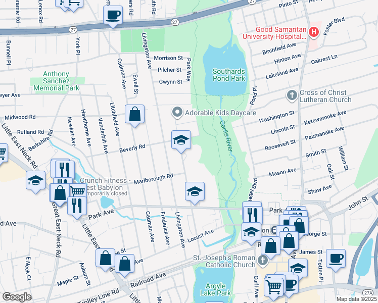 map of restaurants, bars, coffee shops, grocery stores, and more near 171 Ralph Avenue in Babylon