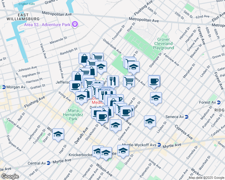 map of restaurants, bars, coffee shops, grocery stores, and more near 114 Saint Nicholas Avenue in Brooklyn