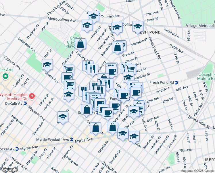 map of restaurants, bars, coffee shops, grocery stores, and more near 1915 Gates Avenue in Queens