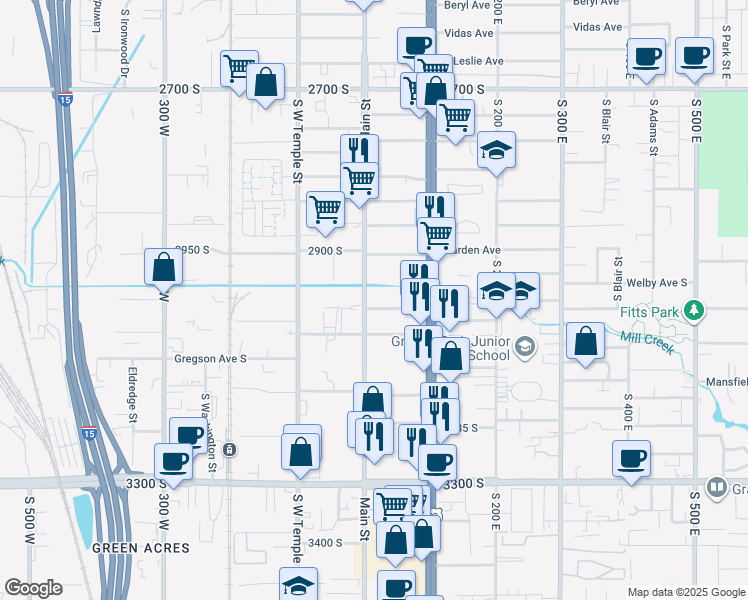 map of restaurants, bars, coffee shops, grocery stores, and more near 2992 South Main Street in South Salt Lake