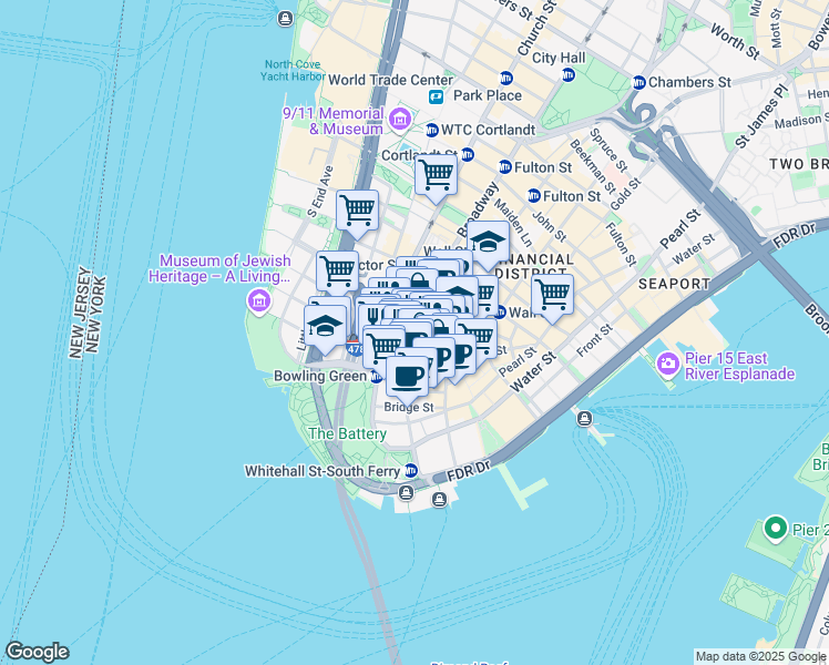map of restaurants, bars, coffee shops, grocery stores, and more near 26 Broadway in New York