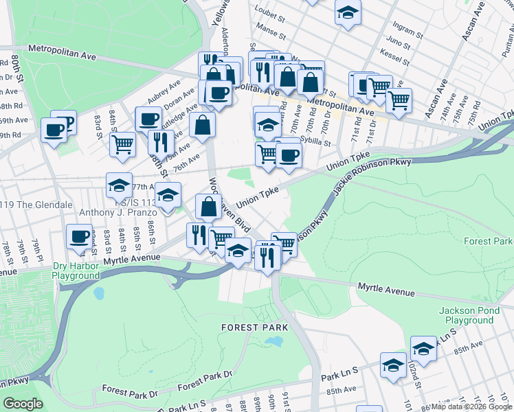 map of restaurants, bars, coffee shops, grocery stores, and more near 80-10 Margaret Place in Queens