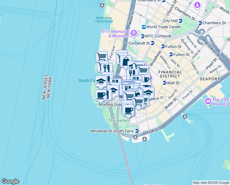 map of restaurants, bars, coffee shops, grocery stores, and more near 1 West Street in New York