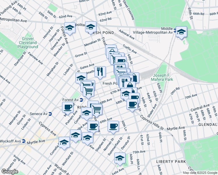 map of restaurants, bars, coffee shops, grocery stores, and more near 66-16 60th Lane in Queens
