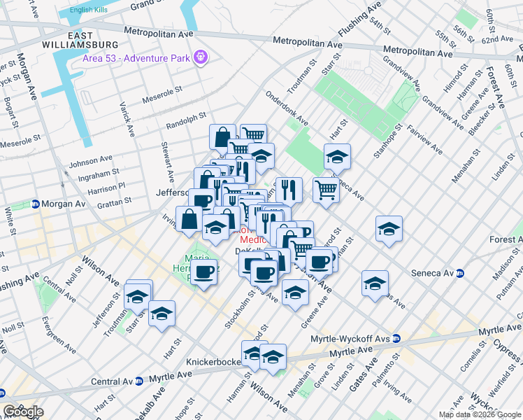 map of restaurants, bars, coffee shops, grocery stores, and more near 414 Suydam Street in Brooklyn