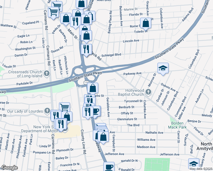 map of restaurants, bars, coffee shops, grocery stores, and more near 17 Frontier Way in Amityville