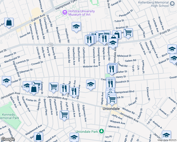 map of restaurants, bars, coffee shops, grocery stores, and more near 404 Lenox Avenue in Uniondale