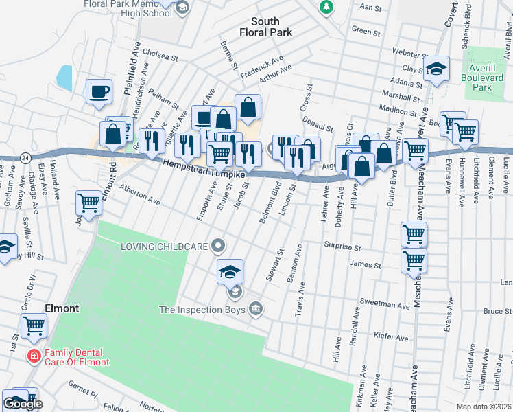 map of restaurants, bars, coffee shops, grocery stores, and more near 81 Franklin Street in Elmont