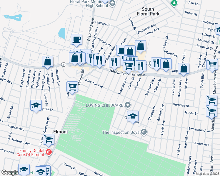 map of restaurants, bars, coffee shops, grocery stores, and more near 1723 Atherton Avenue in Elmont