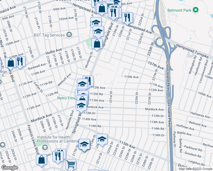 map of restaurants, bars, coffee shops, grocery stores, and more near 219-28 112th Avenue in Queens