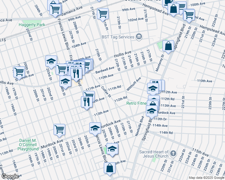 map of restaurants, bars, coffee shops, grocery stores, and more near 209-35 112th Avenue in Queens