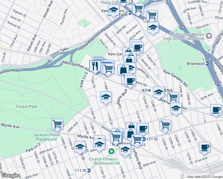 map of restaurants, bars, coffee shops, grocery stores, and more near 83-60 118th Street in Queens