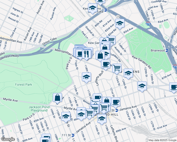 map of restaurants, bars, coffee shops, grocery stores, and more near 83-60 118th Street in Queens