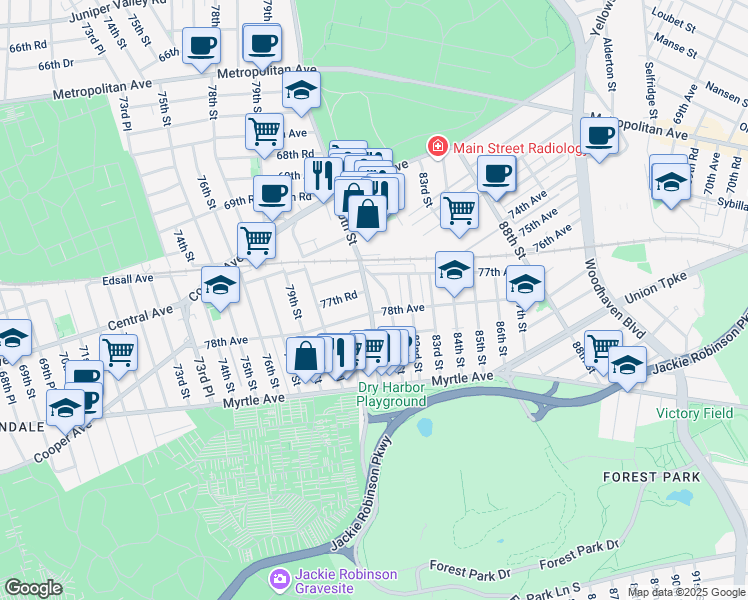 map of restaurants, bars, coffee shops, grocery stores, and more near 79-73 78th Avenue in Queens