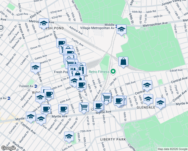 map of restaurants, bars, coffee shops, grocery stores, and more near 68-17 64th Place in Queens