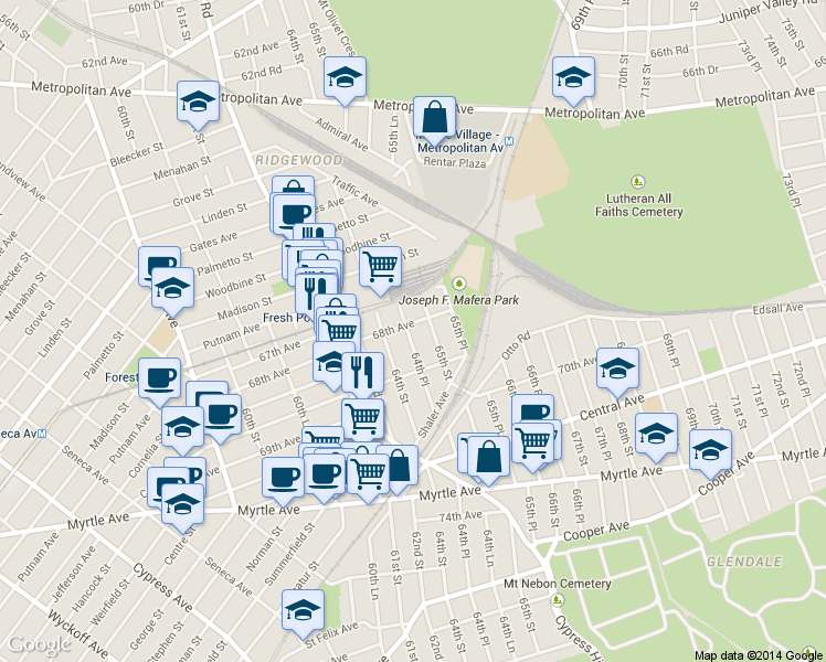 map of restaurants, bars, coffee shops, grocery stores, and more near 68-17 64th Place in Queens