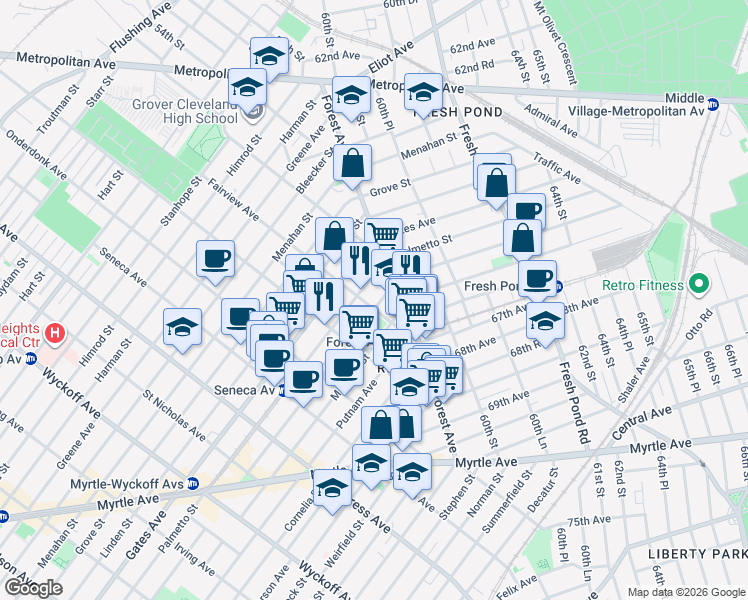 map of restaurants, bars, coffee shops, grocery stores, and more near 218 Woodbine Street in Queens