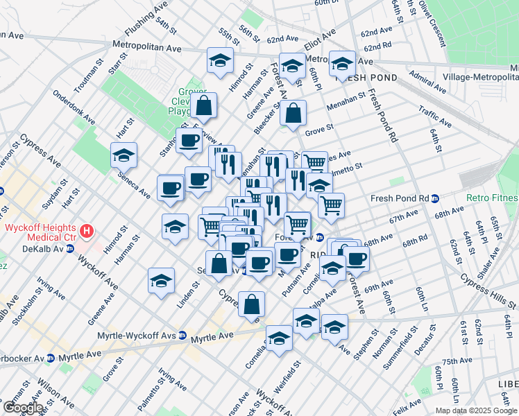 map of restaurants, bars, coffee shops, grocery stores, and more near 663 Woodward Avenue in Queens