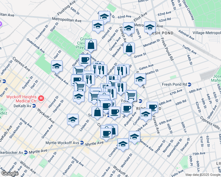 map of restaurants, bars, coffee shops, grocery stores, and more near in Queens