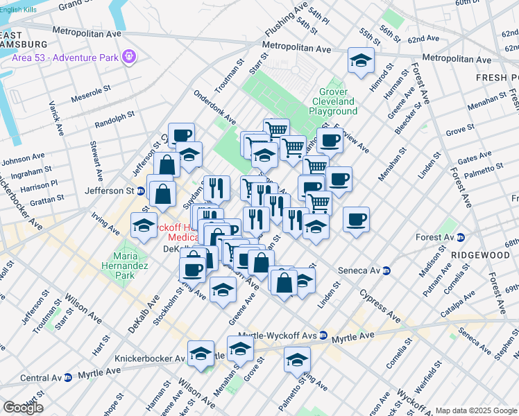 map of restaurants, bars, coffee shops, grocery stores, and more near 418 Stanhope Street in Brooklyn