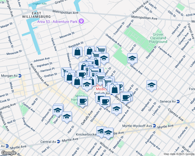 map of restaurants, bars, coffee shops, grocery stores, and more near 52 Wyckoff Avenue in Brooklyn