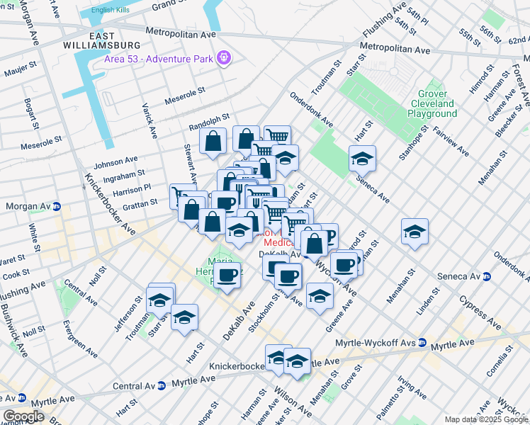 map of restaurants, bars, coffee shops, grocery stores, and more near 52 Wyckoff Avenue in Brooklyn