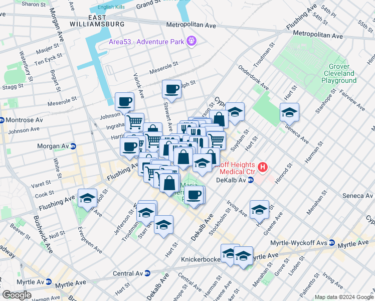 map of restaurants, bars, coffee shops, grocery stores, and more near 362 Jefferson Street in Brooklyn