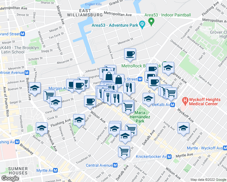 map of restaurants, bars, coffee shops, grocery stores, and more near 1119 Flushing Avenue in Brooklyn