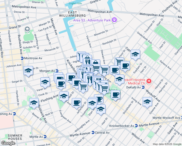 map of restaurants, bars, coffee shops, grocery stores, and more near 1119 Flushing Avenue in Brooklyn