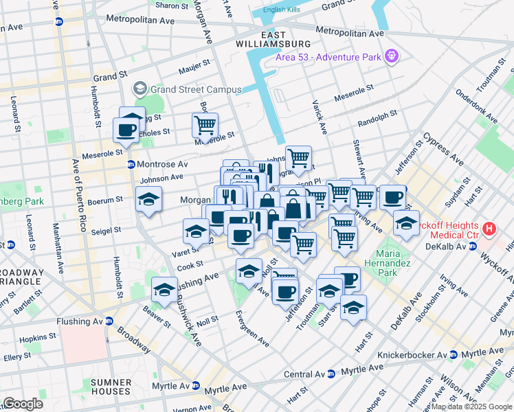 map of restaurants, bars, coffee shops, grocery stores, and more near 51 Morgan Avenue in Brooklyn