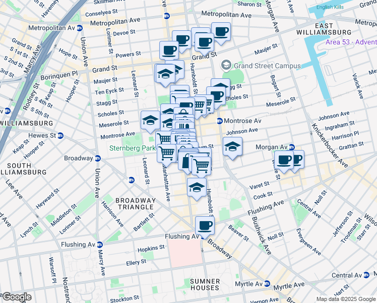 map of restaurants, bars, coffee shops, grocery stores, and more near 110 Graham Avenue in Brooklyn