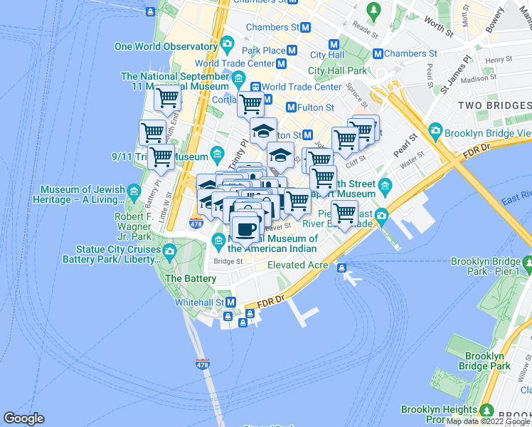 map of restaurants, bars, coffee shops, grocery stores, and more near 60 Broad Street in New York
