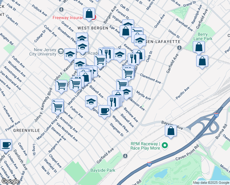map of restaurants, bars, coffee shops, grocery stores, and more near 114A Bayview Avenue in Jersey City
