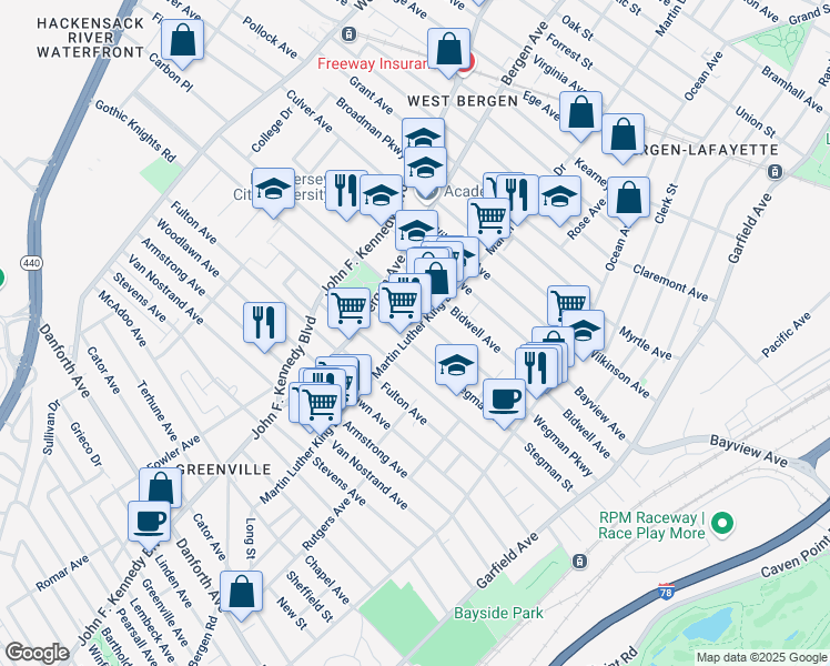 map of restaurants, bars, coffee shops, grocery stores, and more near 158 Martin Luther King Drive in Jersey City