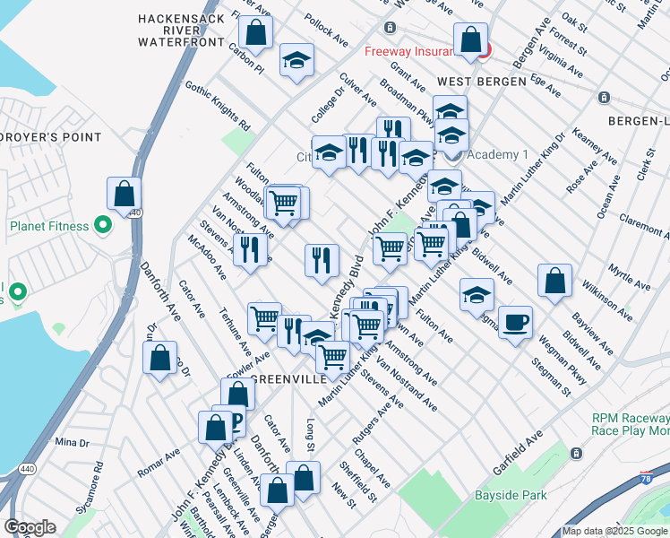 map of restaurants, bars, coffee shops, grocery stores, and more near 1917 John F. Kennedy Boulevard in North Bergen