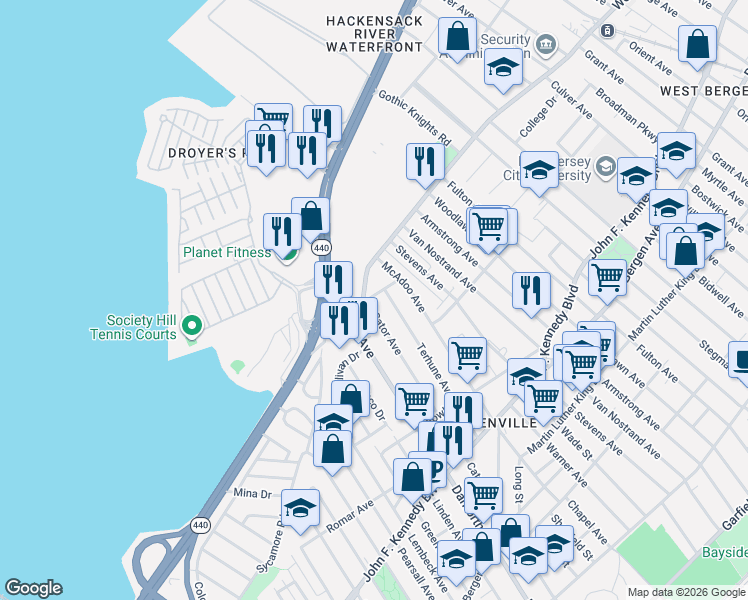 map of restaurants, bars, coffee shops, grocery stores, and more near 147 Terhune Avenue in Jersey City