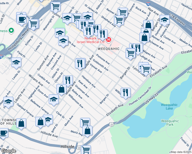 map of restaurants, bars, coffee shops, grocery stores, and more near 120 Parkview Terrace in Newark