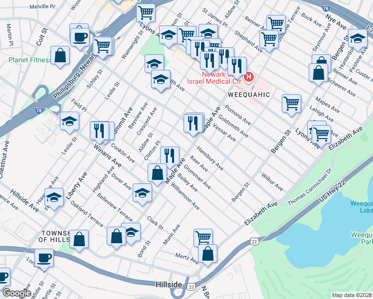 map of restaurants, bars, coffee shops, grocery stores, and more near 174 Keer Avenue in Newark