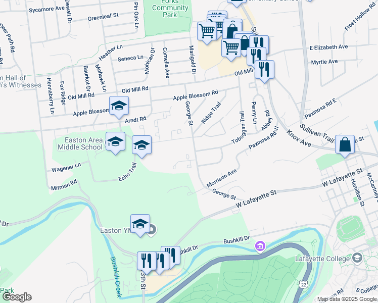 map of restaurants, bars, coffee shops, grocery stores, and more near 4 Lexington Court in Easton