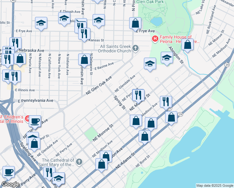 map of restaurants, bars, coffee shops, grocery stores, and more near 721 Spring Street in Peoria