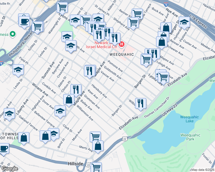 map of restaurants, bars, coffee shops, grocery stores, and more near 120 Parkview Terrace in Newark
