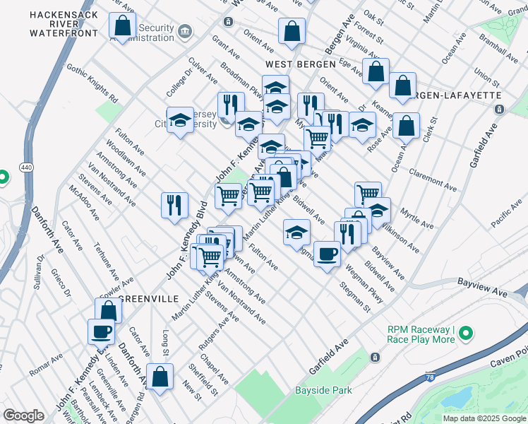 map of restaurants, bars, coffee shops, grocery stores, and more near 169 Martin Luther King Drive in Jersey City