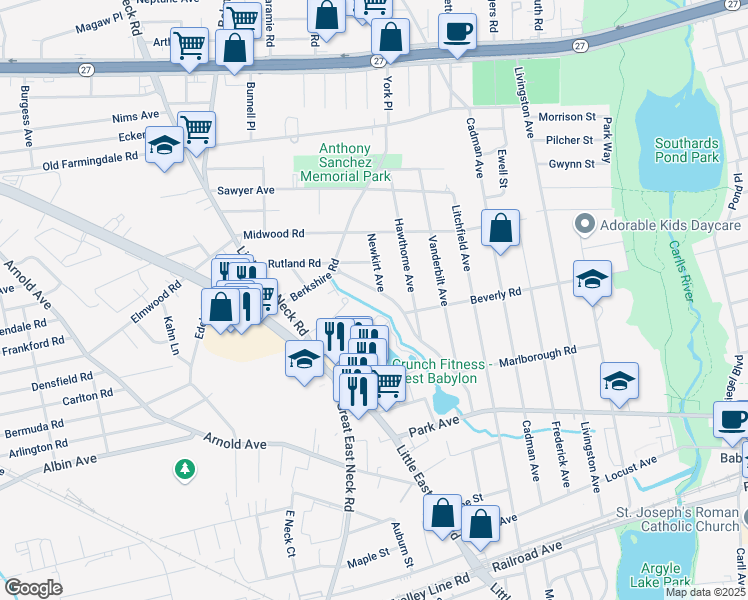 map of restaurants, bars, coffee shops, grocery stores, and more near 136 Woodrow Parkway in West Babylon