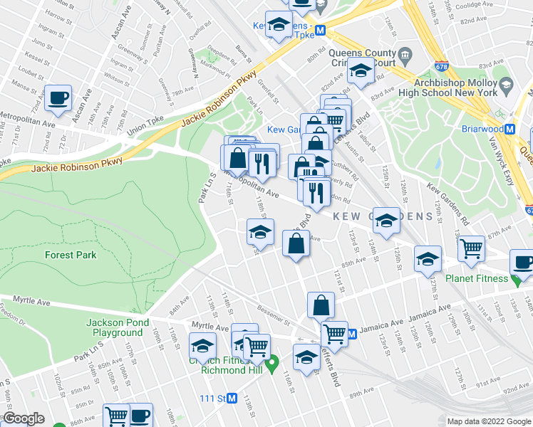 map of restaurants, bars, coffee shops, grocery stores, and more near 83-60 118th Street in Queens